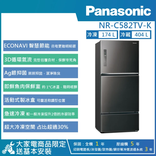 【Panasonic 國際牌】578公升 一級能效智慧節能右開三門冰箱-晶漾黑(NR-C582TV-K)