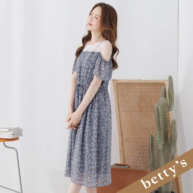 【betty’s 貝蒂思】小碎花露肩長洋裝(深藍色)