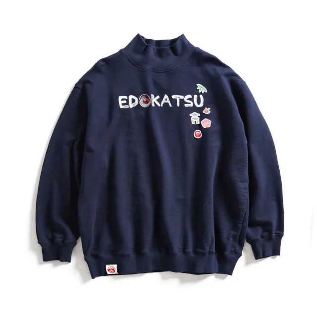 【EDWIN】江戶勝 女裝 經典和柄花紋刺繡貼布高領厚長袖T恤(丈青色)