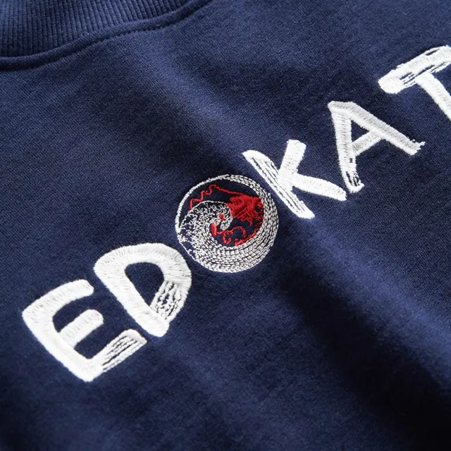 【EDWIN】江戶勝 女裝 經典和柄花紋刺繡貼布高領厚長袖T恤(丈青色)