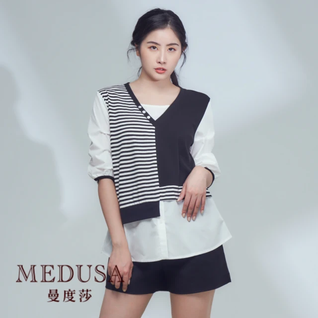 MEDUSA 曼度莎 現貨-黑白假兩件式拼接襯衫（M-XL）｜女上衣 女襯衫 上班穿搭(101-76601)