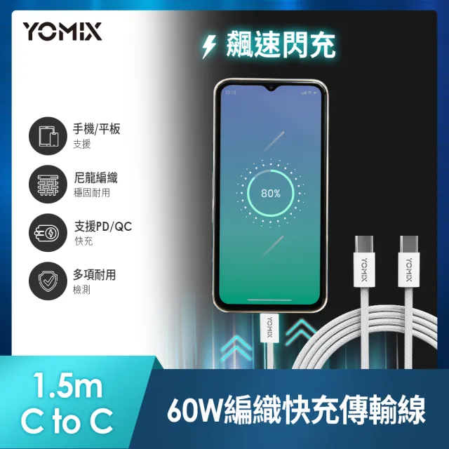 C to C 60W快充1.5M線組【YOMIX 優迷】20W 雙孔快充摺疊充電器  (支援iPhone 16)