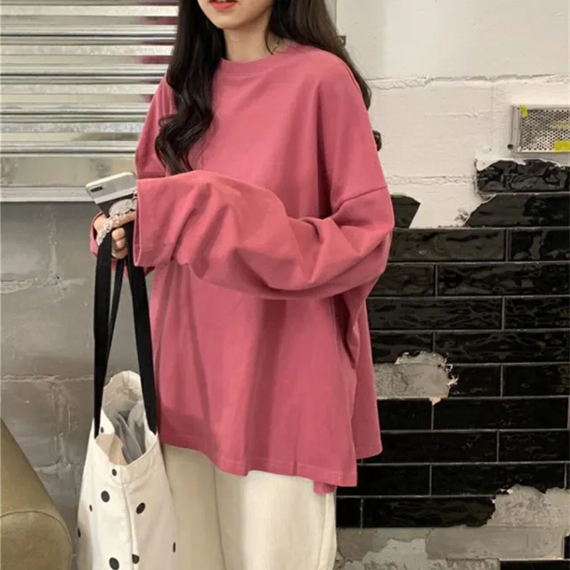【D.studio】韓版開叉素色寬鬆長袖上衣(女裝 衣服 寬鬆上衣 顯瘦上衣 長袖t恤 冬裝 素T W185)