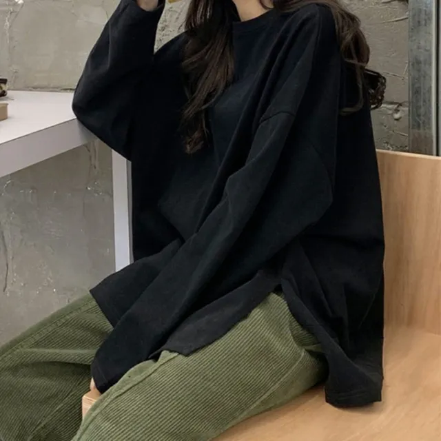 【D.studio】韓版開叉素色寬鬆長袖上衣(女裝 衣服 寬鬆上衣 顯瘦上衣 長袖t恤 冬裝 素T W185)