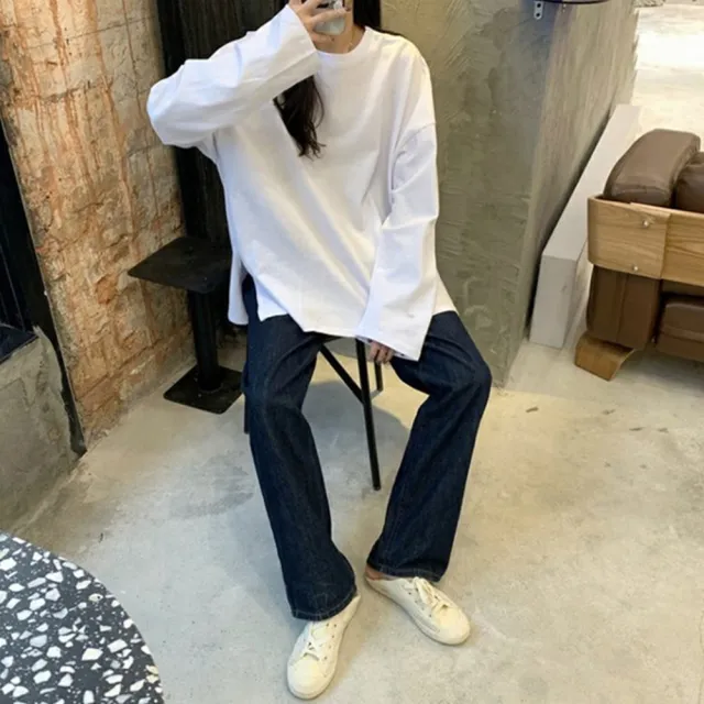 【D.studio】韓版開叉素色寬鬆長袖上衣(女裝 衣服 寬鬆上衣 顯瘦上衣 長袖t恤 冬裝 素T W185)