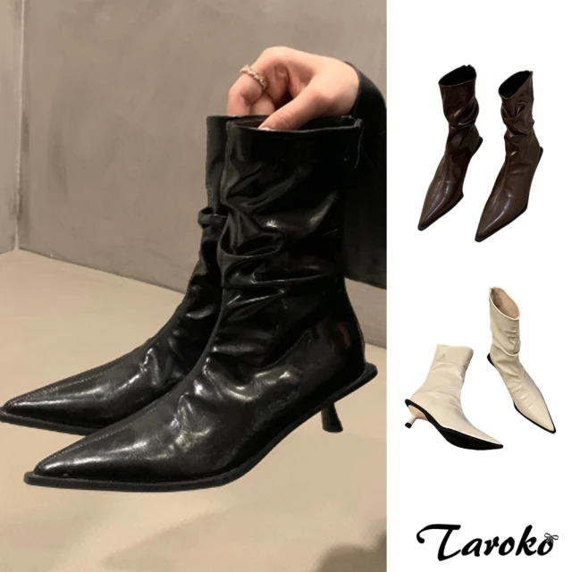 Taroko 復古牛仔布皺褶流蘇尖頭粗跟短筒靴(2色可選)好