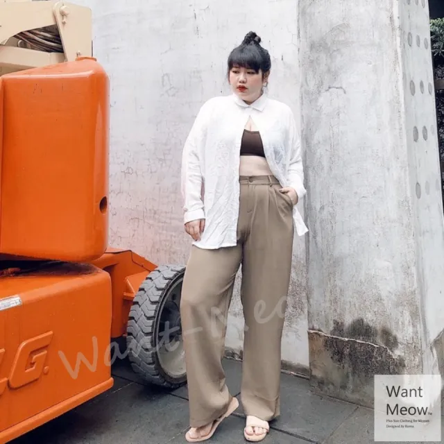 【Want-Meow】90公斤可穿/復古高腰西裝寬褲/西裝褲(直筒褲/落地褲/黑褲/大尺碼/大碼)