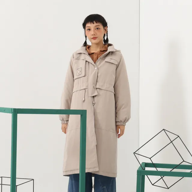 【MOSS CLUB】微笑開關印花長版間棉長袖外套(深藍 杏 咖/魅力商品)
