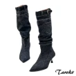 【Taroko】品味流行牛仔布尖頭細跟長筒靴(2色可選)