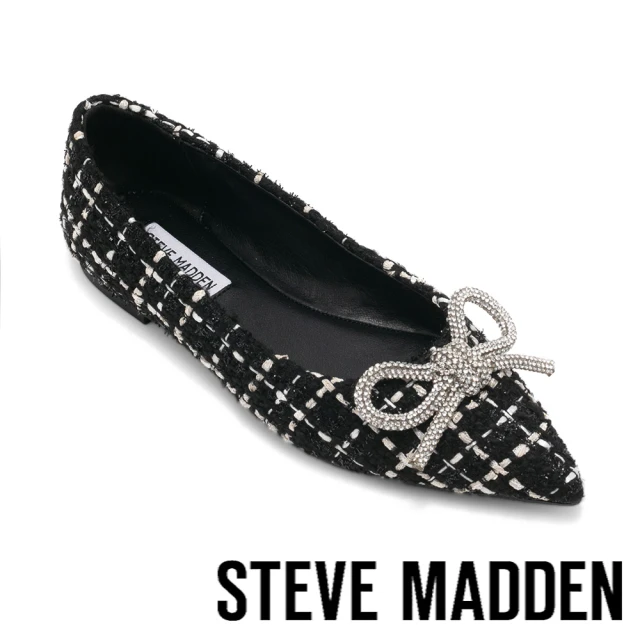 STEVE MADDEN ELINA 鑽飾蝴蝶結格紋織布平底鞋(黑色)