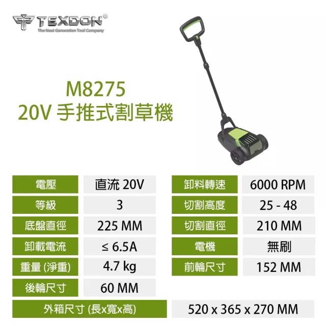 【TEXDON 得世噸】20V鋰電推草機 手推式割草機  單電組4.0AH(除草機 修草機 M8275)