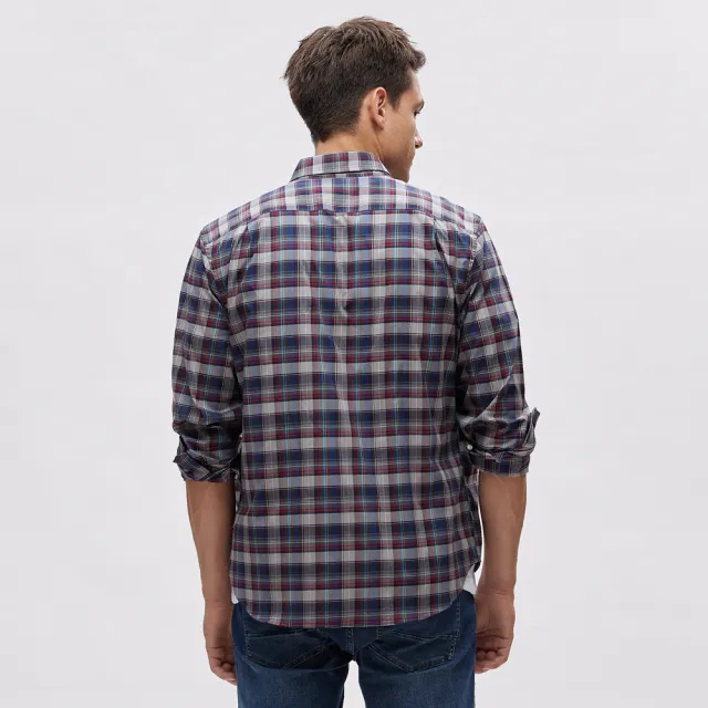 【NAUTICA】男裝 撞色小格紋環保材質長袖襯衫(深藍)
