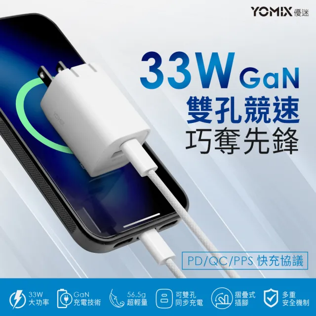 二合一60W快充線組【YOMIX 優迷】33W GaN氮化鎵雙孔快充折疊充電器(支援iPhone 16)