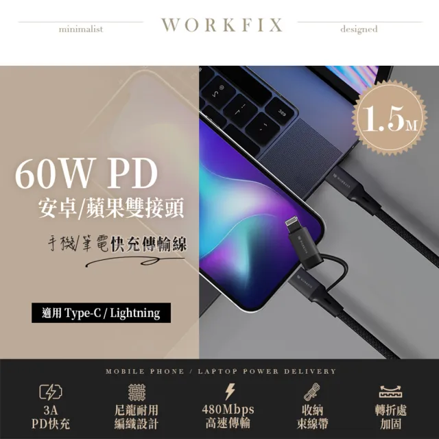 二合一60W快充線組【YOMIX 優迷】33W GaN氮化鎵雙孔快充折疊充電器 (支援iPhone 15快充)