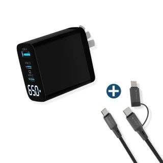 【YOMIX 優迷】65W GaN氮化鎵USB-C PD/QC3.0三孔功率顯示充電器+60W二合一充電線(支援iphone15快充)