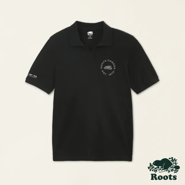【Roots】Roots男裝-城市旅者系列 環型LOGO網眼布純棉POLO衫(黑色)