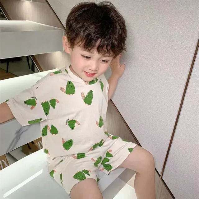 【安朵童舖】現貨韓版兒童冰絲家居服男童短袖套裝女童寬鬆睡衣寶寶冰絲套裝(09A)
