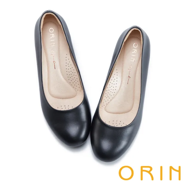 【ORIN】簡約素面真皮圓頭中跟鞋(黑色)