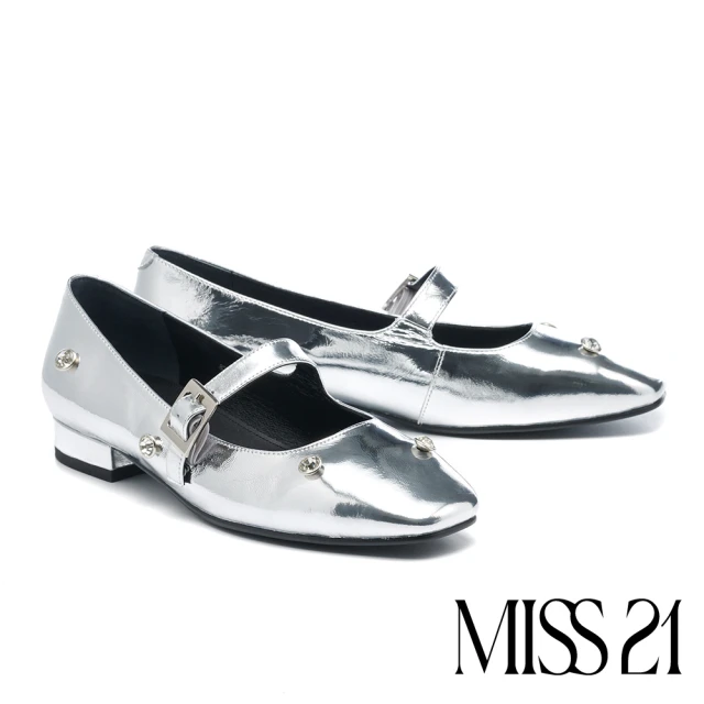 MISS 21MISS 21 太空少女金屬牛皮鑽鑽鉚釘瑪莉珍方頭低跟鞋(銀)