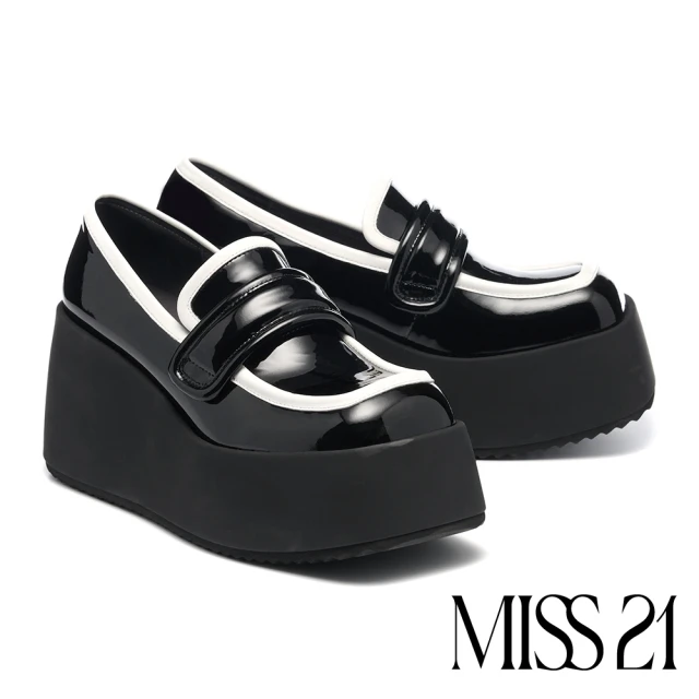 MISS 21 未來甜酷少女全真皮撞色Super高方頭厚底鞋(黑)