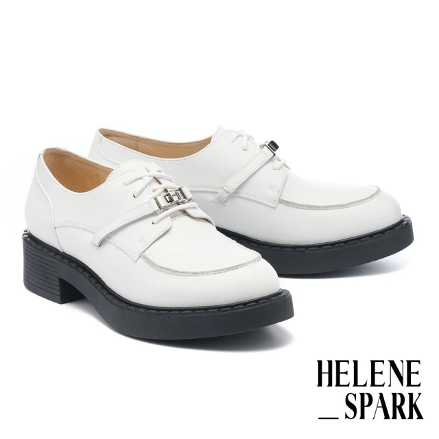 HELENE_SPARK 復古紳士金屬鎖釦全真皮綁帶厚底鞋(白)