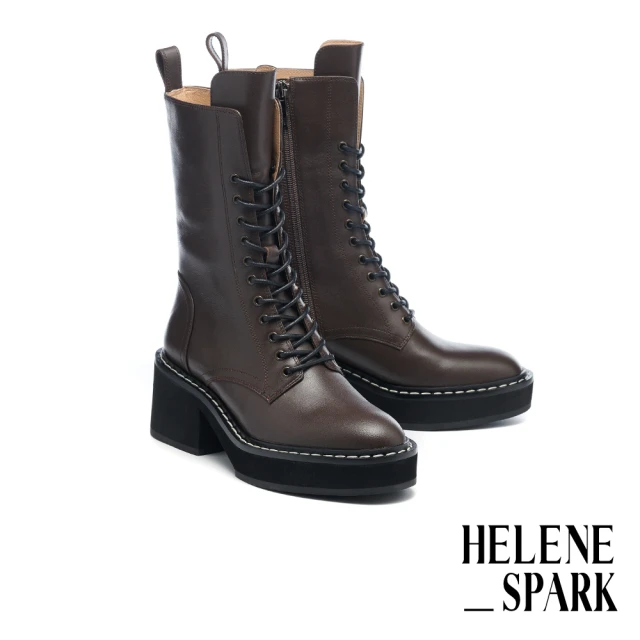 HELENE_SPARK 率性時髦HS拉鍊綁帶全真皮厚底高跟短靴(咖)