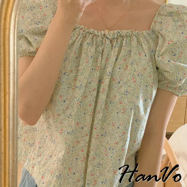 【HanVo】現貨 夏日輕甜碎花泡泡袖上衣(甜美氣質一字領上衣 韓系女裝 女生衣著 A01-0100)