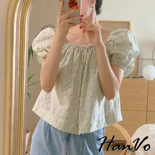 【HanVo】現貨 夏日輕甜碎花泡泡袖上衣(甜美氣質一字領上衣 韓系女裝 女生衣著 A01-0100)