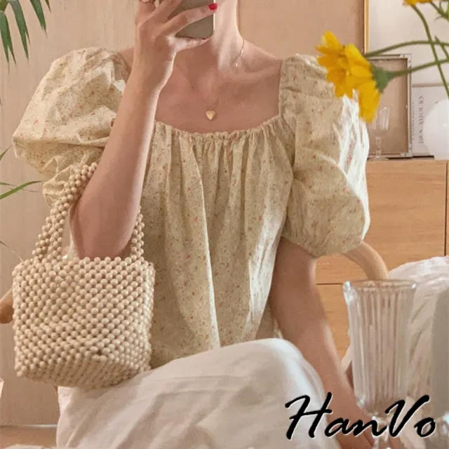 【HanVo】現貨 夏日輕甜碎花泡泡袖上衣(甜美氣質一字領上衣 韓系女裝 女生衣著 A01-0100)