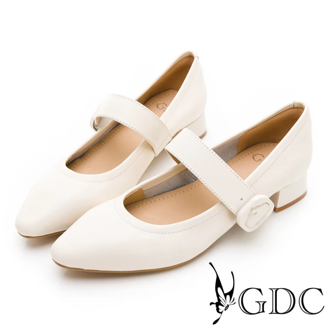 GDC 舒適真皮瑪莉珍尖頭粗跟上班包鞋-米色(310413-10)