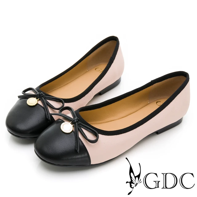 GDC 氣質風蝴蝶結飾釦真皮圓頭平底包鞋-粉色(224496