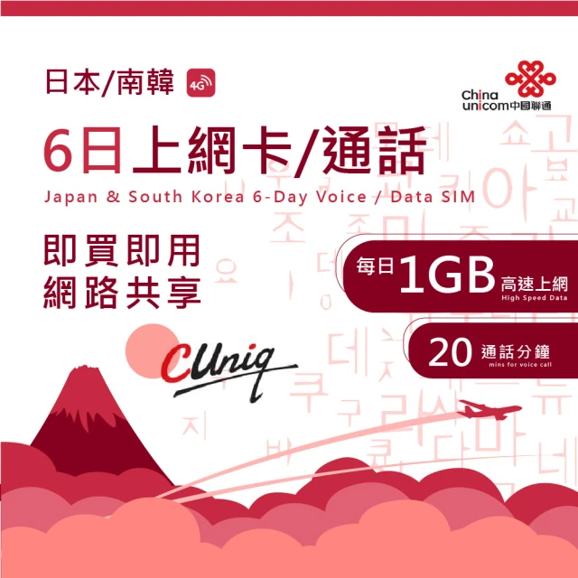 中國聯通 日韓6日通話/上網卡 每日1G(4G網速)