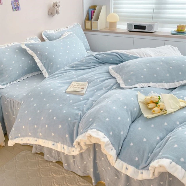 韓式冬季保暖牛奶絨花邊雙人床裙枕套被套組(天空藍)
