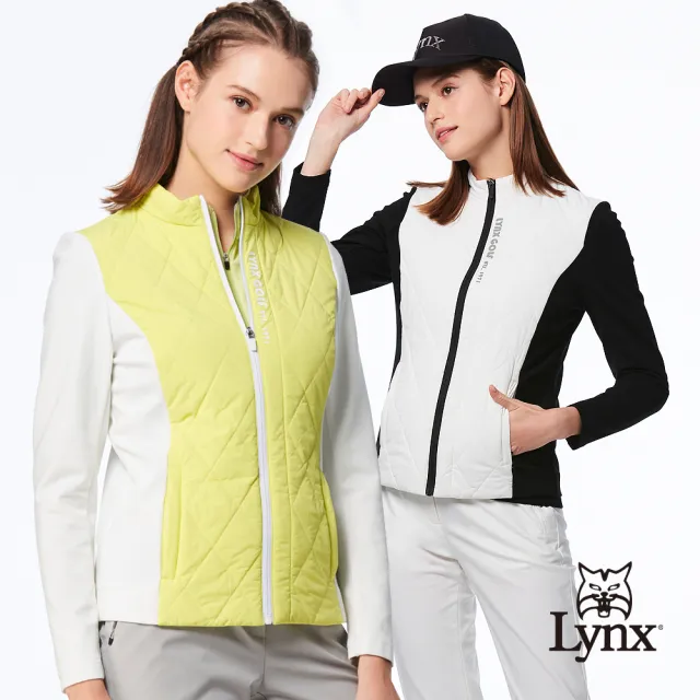 【Lynx Golf】女款保暖舒適鋪棉撞色造型菱型壓紋立體貼膜設計拉鍊口袋長袖外套(二色)