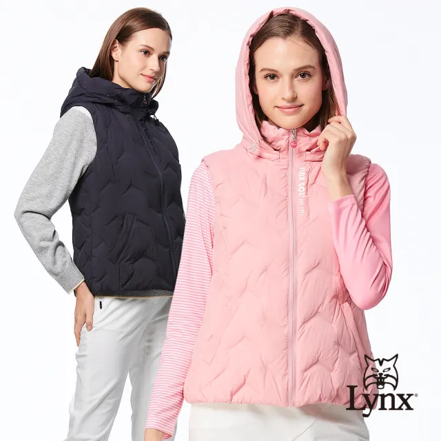 【Lynx Golf】女款保暖舒適羽絨壓紋設計立體矽膠造型拉鍊口袋可拆式連帽無袖背心(二色)