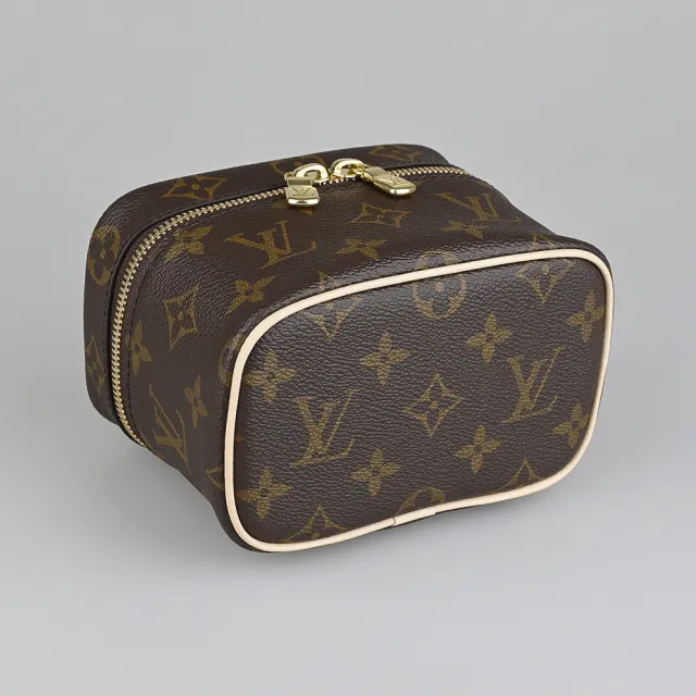 【Louis Vuitton 路易威登】LV Nice Nano印花紋LOGO Monogram帆布雙拉鍊頭手提化妝箱(迷你/棕褐)