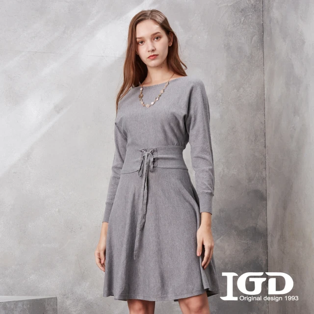 IGD 英格麗 網路獨賣款-一字領收腰綁帶連身裙/洋裝(灰色)