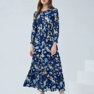 【ILEY 伊蕾】復古莊園花卉長洋裝(深藍色；M-XL；1233027404)