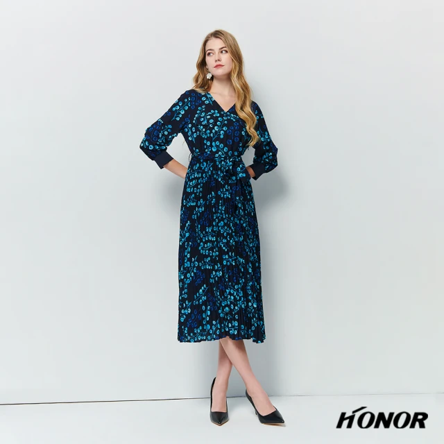 HONOR 山形屋HONOR 山形屋 六分袖V領花卉百褶綁帶長洋裝