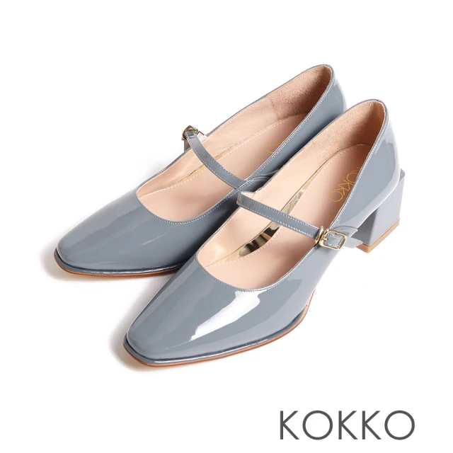 KOKKO 集團 精緻女人方頭瑪莉珍漆皮方粗跟鞋(藍灰色)
