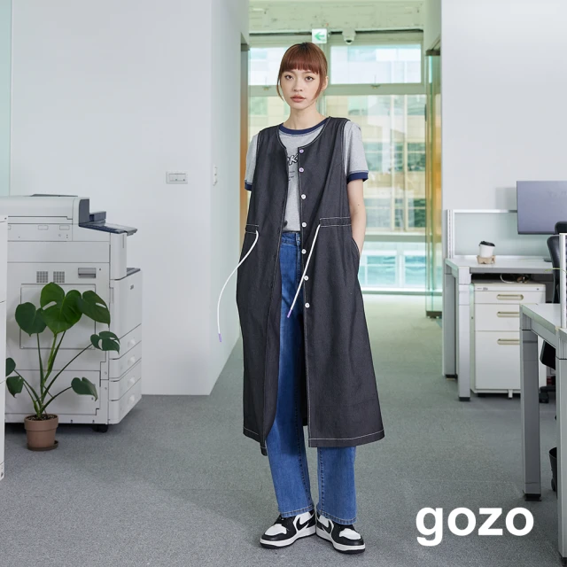 【gozo】斜紋抽繩開襟外搭長洋裝(兩色)