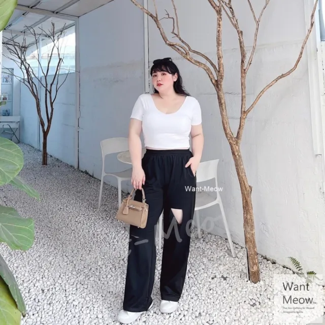 【Want-Meow】獨家自訂款/100公斤可穿/割破造型黑寬褲(大尺碼/大碼/顯瘦/寬褲)