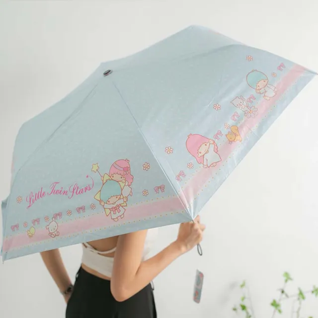 【SANRIO 三麗鷗】923就愛傘 - 雙子星-白色點點-蝴蝶結UV黑膠折傘(晴雨兩用傘)