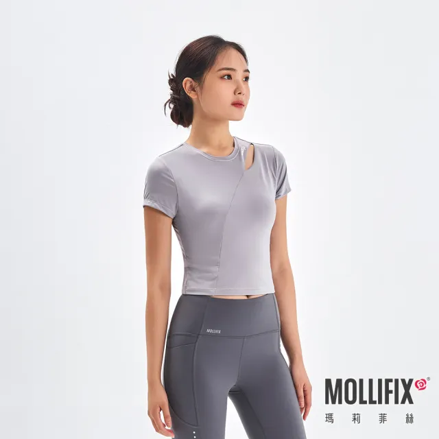 【Mollifix 瑪莉菲絲】修身鏤空運動短袖BRA TOP、瑜珈服、無鋼圈、開運內衣(冰河灰)