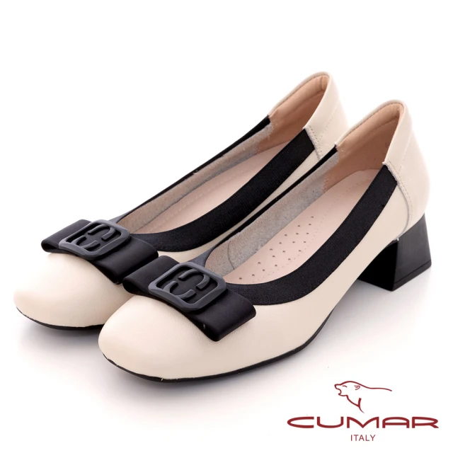 CUMAR 真皮織帶飾釦粗跟低跟鞋(黑色)優惠推薦