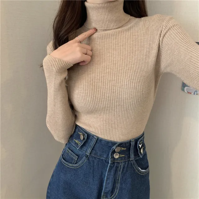 【D.studio】韓版高領彈性顯瘦長袖針織上衣(毛衣長袖上衣女裝衣服顯瘦上衣長袖t恤冬裝發熱衣素T W142)