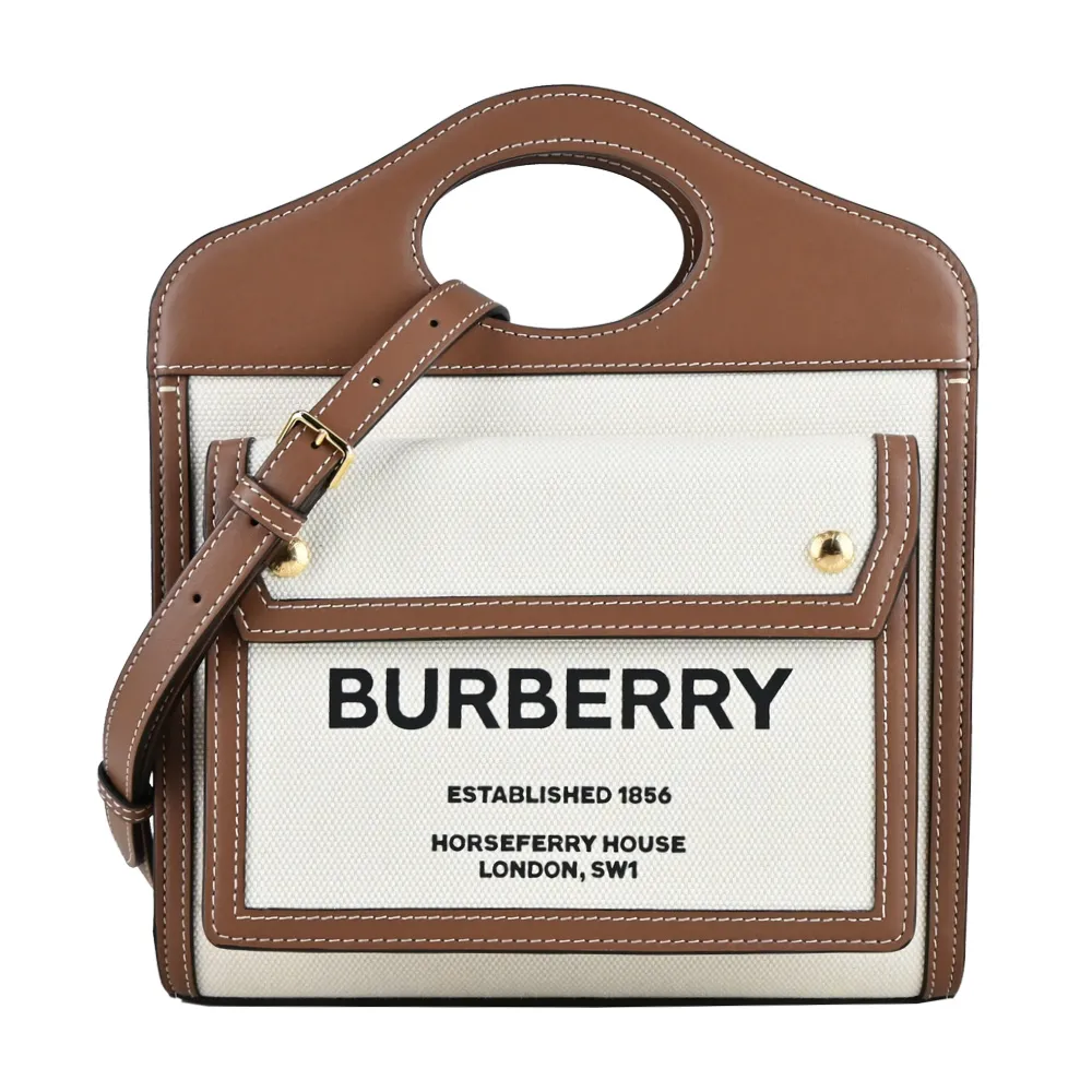 【BURBERRY 巴寶莉】Horseferry系列刺繡LOGO 帆布Pocket手提/斜背包(棕色/迷你)