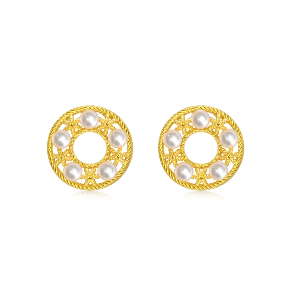 【點睛品】鏤空圓環 黃金珍珠耳環(一對)
