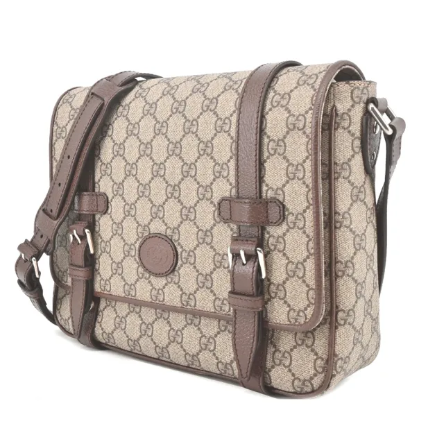 【GUCCI 古馳】經典GG Supreme印花帆布中性款郵差包 肩背/斜背包(卡其)
