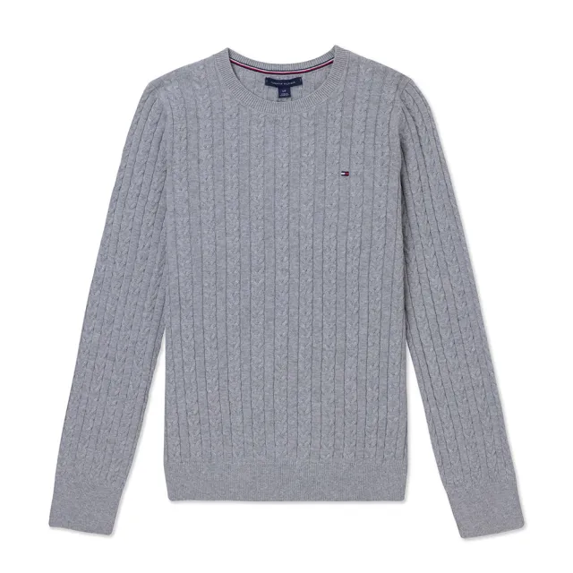 【TOMMY HILFIGER】TOMMY 經典圓領刺繡小LOGO麻花針織毛衣 上衣-女-灰色(平輸品)